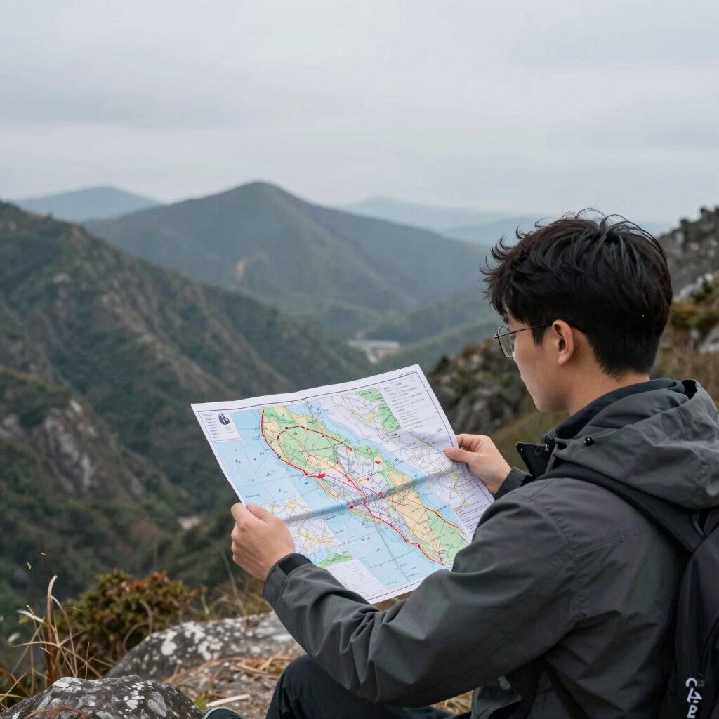노르웨이 지도와 함께하는 자동차 여행 풍경, 피오르드와 산맥이 보이는 전망대에서 지도를 펼쳐든 모습