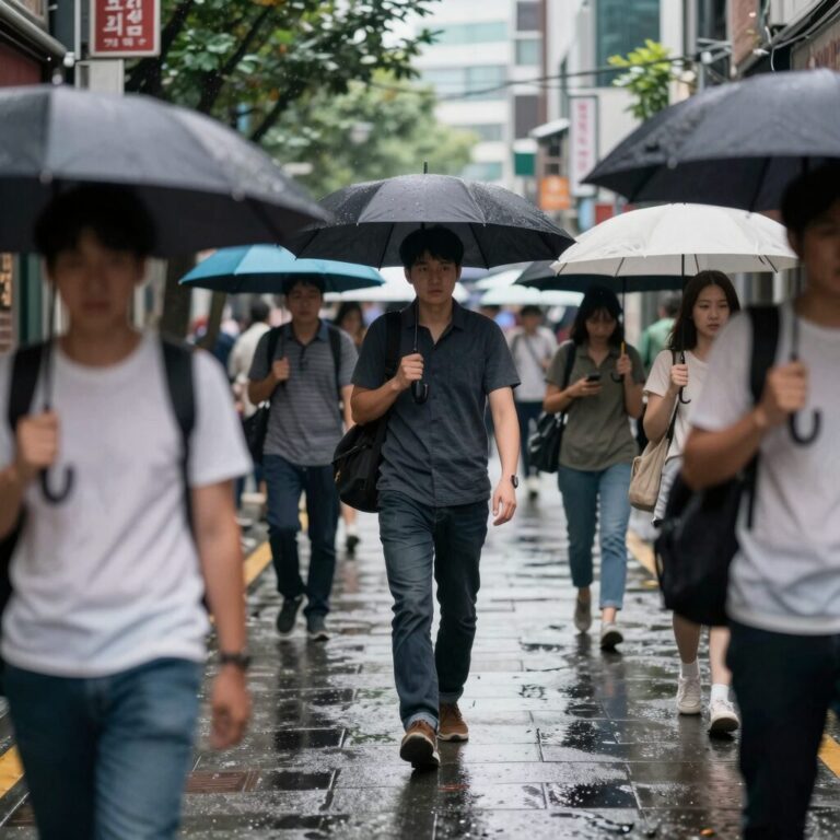 2026년 7월 장마철 도시의 빗길 풍경과 우산 쓴 사람들