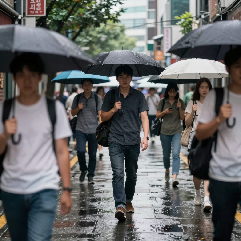 2026년 7월 장마철 도시의 빗길 풍경과 우산 쓴 사람들