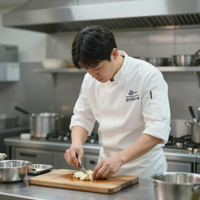 샘킴 셰프가 언더커버 셰프 프로그램에서 앞치마를 두르고 주방에서 요리하는 모습